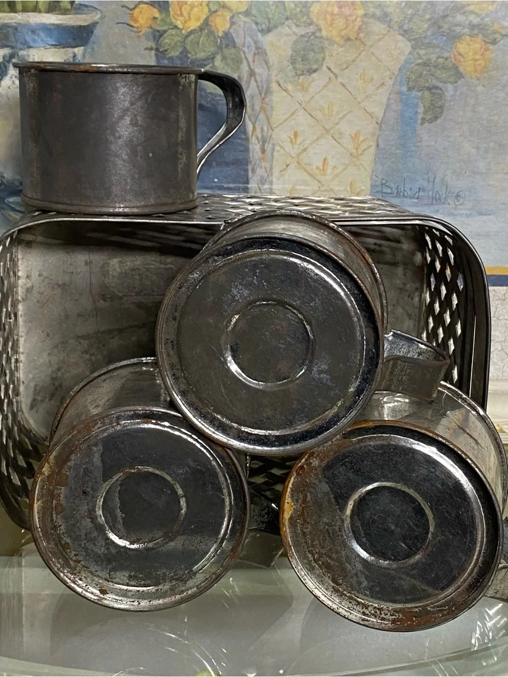 Vintage Silver Plated Metal Woven Basket W/ Handle and Mugs.